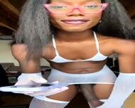 Hot Ebony TS with Luscious Lips and a Horse Dick in Sexy White Lingerie Solo
